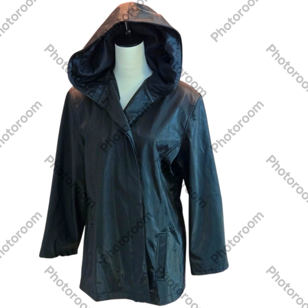 Outbrook Women Large (12/14) Sleek Black Rain Jacket Hidden Buttons with FLAW